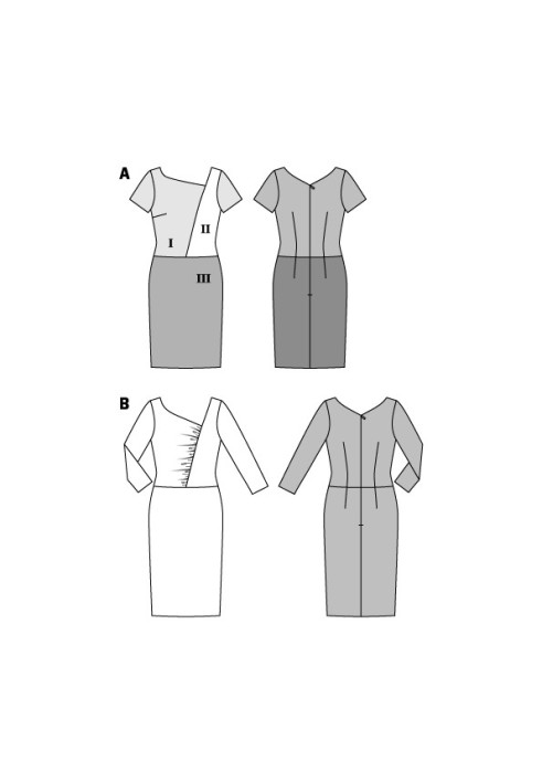 Выкройка Платье-футляр трикотажное с асимметричным вырезом (Burda 2/2016, № выкройки 6575 B)