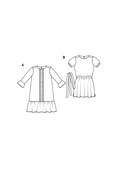 Pattern A-line dress with 3/4 sleeves and frills (Burda 1/2020, pattern number 6208 A)