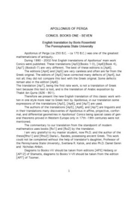 APOLLONIUS OF PERGA. CONICS. Unpublished English translation by Boris Rosenfeld