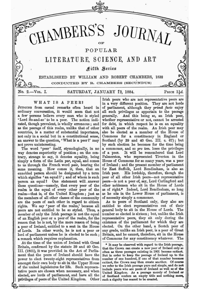 Журнал популярної літератури, науки та мистецтва Чемберса, п’ята серія, № 2, том. I, 12 січня 1884 року